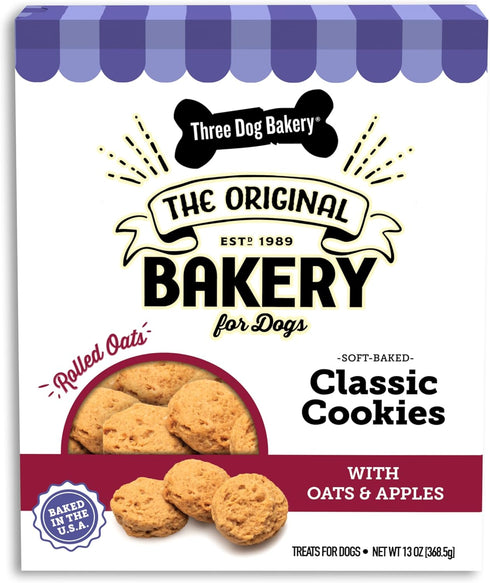 Three Dog Bakery Soft Baked Classic Cookies with Oats and Apple, Premium Treats for Dogs, 13 Ounce Box (114334)...