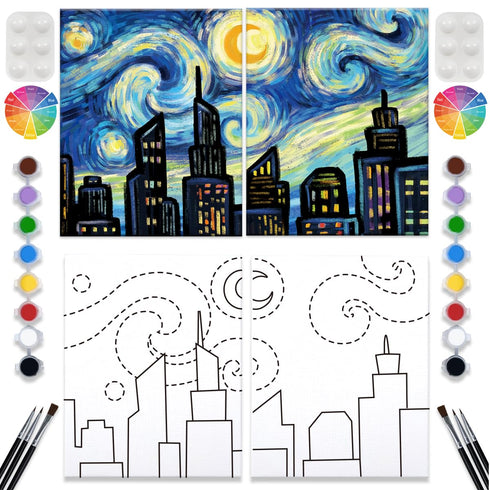 2 Pack Paint and Sip Canvas Painting Kit Pre Drawn Canvas for Painting for adults Stretched Canvas Couples Games Date Night Romantic City Annivers...
