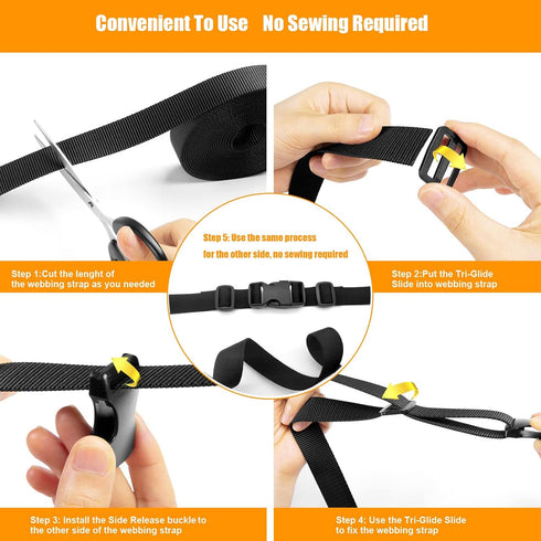 10 Yards 1'' Nylon Webbing Straps 8 Pcs Quick Side Release Buckles for 1inch Strap, 16 Pcs Tri-Glide Slides Flat Plastic Buckle Clips, 8 Pcs Metal...