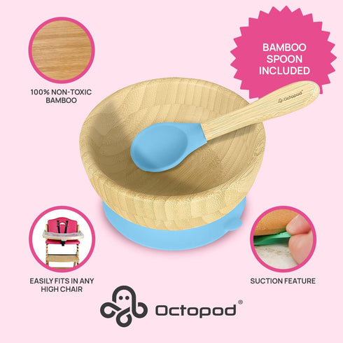 Abiie Octopod Bamboo Baby Bowl Set for 4 Months and Up – Mess-Free High Chair Suction Bowl with Spoon for Toddlers and Kids - Ergonomic Baby Feedi...