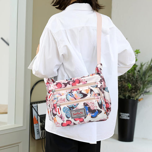 WITERY Crossboby Bag for Women - Waterproof Nylon Multi-Pocket Purse Floral Shoulder Bag Zipper Handbag Messenger Bag...