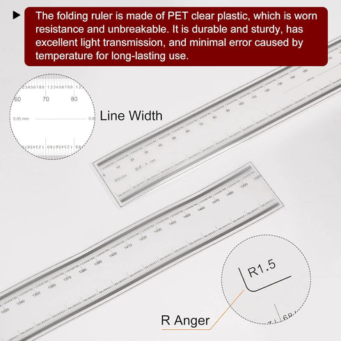 Film Flexible Ruler 150cm 0.1mm Scale with R Angle & Width Lines PET Plastic Folding Straight Ruler Calibration Soft Ruler Measuring Tool for Fact...