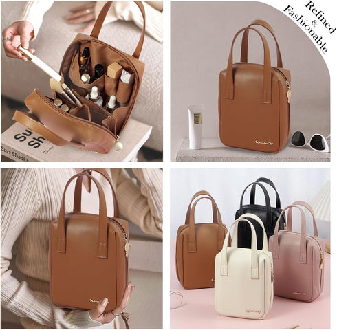 Makeup Bag Large Capacity Travel Cosmetic Bag with Handle Portable Small Cosmetics Bag for Purse Cute Makeup Storage Bag Waterproof PU Leather Mak...