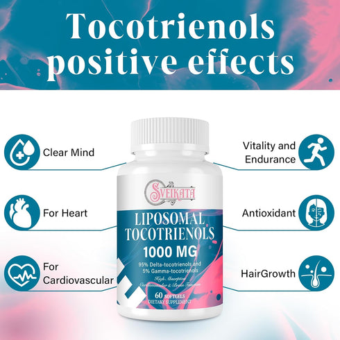 Liposomal Tocotrienols Supplement 1000mg, Vitamin E, 95% Delta-tocotrienols and 5% Gamma-tocotrienols, Hligh Absorption Heart, Vascular & Brain Fu...
