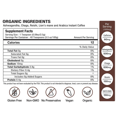 LOKO nature Tiger Ashwagandha Mushroom Instant Coffee with Arabica | Powerful Natural Ingredients Reishi, Chaga & Lion's mane | Adaptogen, Vegan, ...