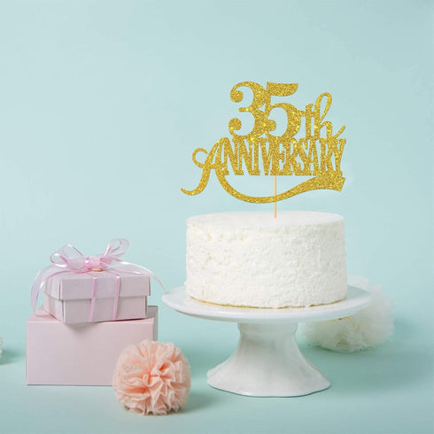 Gold Glitter 35th Anniversary Cake Topper - for Happy 35th Wedding Anniversary / 35th Birthday Party/Cheers to 35 Years Party Decorations...