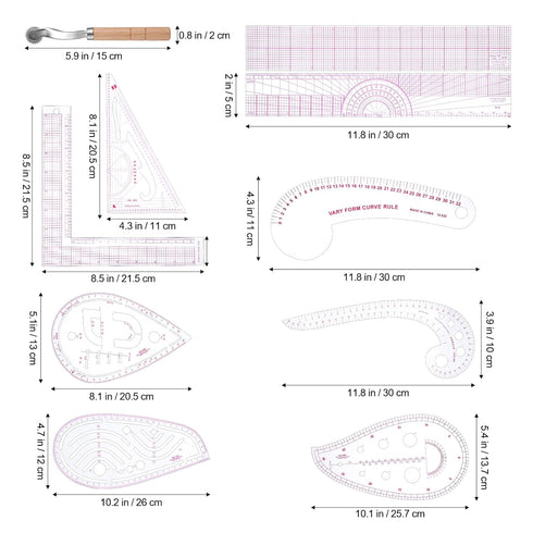 TEHAUX 9pcs Sewing French Curve Ruler Set, Pattern Sewing Rulers Plastic Sew French Curve Ruler Clear Metric Sewing Ruler Set with Tracing Wheels ...