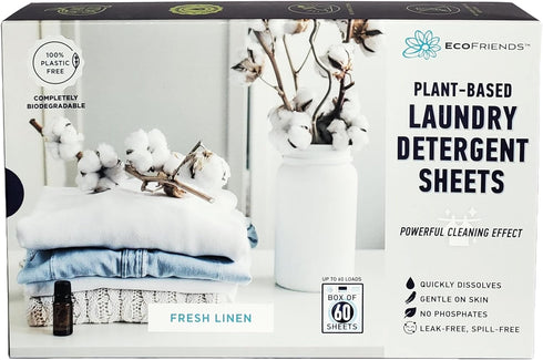 Plant-based Laundry Detergent Sheets, 100% Plastic-Free, Biodegradable, Powerful Cleaning Effect - Box of 60 Sheets - Fresh Linen...