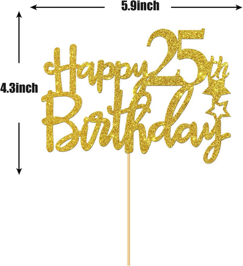 Gold Happy 25th Birthday Cake Topper,Hello 25,Cheer to 25 Years, 25 & Fabulous Party Decoration...
