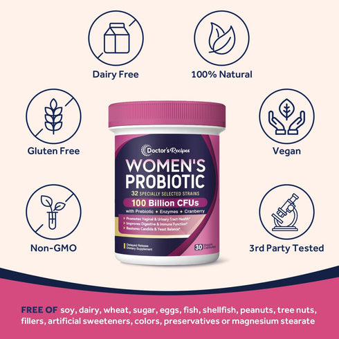 Doctor's Recipes Probiotics for Women, 100 Billion CFU 32 Strains, with Prebiotic Fiber, Enzymes & Cranberry, Vaginal Urinary Digestive & Immune, ...