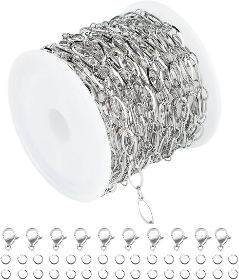UMAOKANG 16.4 Feet Stainless Steel Chain for Jewelry Making Silver Rolo Loop Link Chain on Spool with 30 Jump Rings 10 Lobster Clasps Necklace DIY...