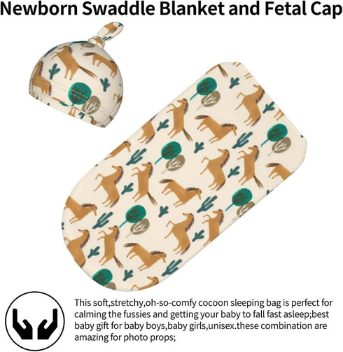 Cute Horse Baby Stuff Newborn Swaddle Blanket with Beanie Set, Soft and Stretchy Baby Blanket Swaddle Wrap Sack for Boy and Girl...