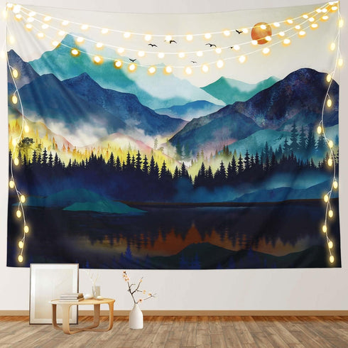 RosieLily Mountain Tapestry, 59"x79" Watercolor Tapestry Nature Tapestry Misty Forest Tapestry Sun Sunset Tree Landscape Tapestry Mountains Teal M...