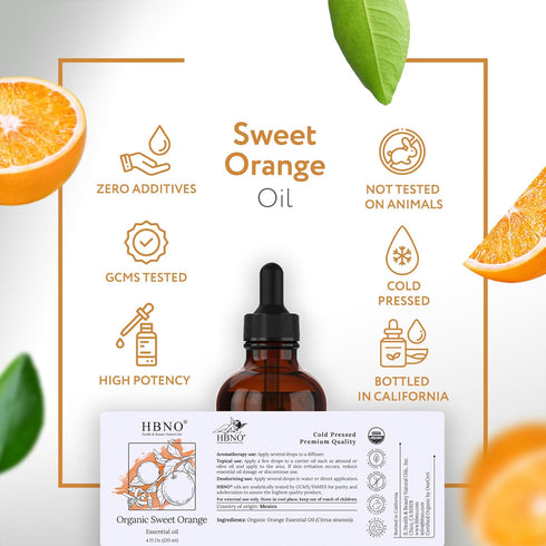 HBNO Organic Orange Essential Oil - Huge 4 oz (120ml) Value Size - USDA Certified Organic Orange Essential Oil, Cold Pressed for Aromatherapy, Soa...