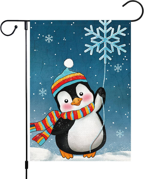 Winter Penguins Garden Flag Welcome Christmas Snowflakes Scarfs Yard Flags 12x18 Inch Double Sided Burlap Xmas Banner for Winter Holiday Christmas...