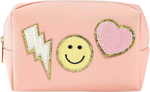 Preppy Patch Makeup Bag Leather Cosmetic Bag Small Makeup Pouch, Portable Waterproof Travel Toiletry Organizer,Cute Preppy Makeup Bag for Women Gi...