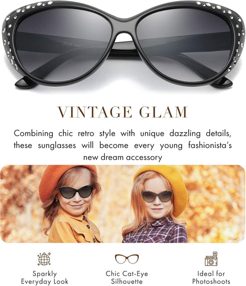 Giselle Cute Kids Retro Cat Eye Rhinestone Sunglasses for Teen Girls and Children Age 6-14...