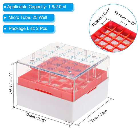PATIKIL 25 Well Centrifuge Tube Freezer Storage Box, 2 Pcs Polypropylene Tube Rack for 1.8ML and 2.0ML Tubes Vials Samples, Red...