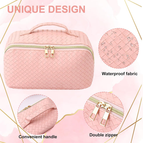 Fixwal 9x4 Inch Travel Makeup Bag, Large Capacity Cosmetic Bags for Women, Waterproof Portable Pouch Open Flat Toiletry Bag Make Up Organizer with...