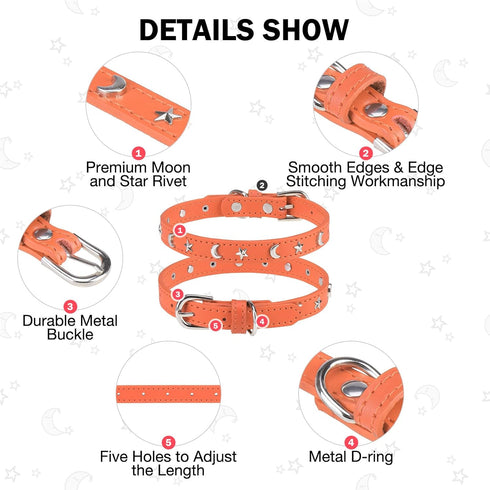 Leather Dog Collar for Puppy Small Medium Dogs, Adjustable Star Moon Rivet Studded Pet Collars with Rust-Proof Metal Buckle and Charms, XS S Dog C...