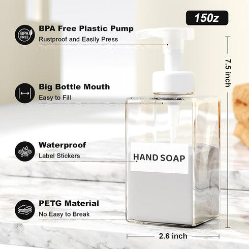 Foaming Soap Dispenser, 15 Oz Foam Soap Dispenser for Bathroom & Kitchen, Refillable Foaming Hand Soap Dispenser for Liquid Soap, 2Pcs Foam Pump B...
