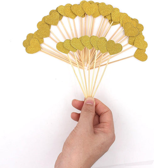 WARMBUY 50 Pack Double Sided Gold Glitter Cupcake Toppers Attached with Sticks for Baby Bridal Shower Birthday Party and Wedding (Heart)...