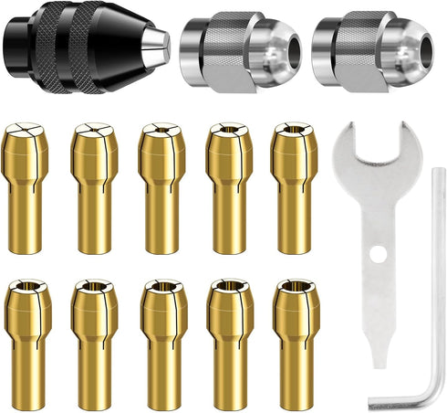Drill Chuck Collet Set for Dremel, 15PCS Chuck Collet Kit, 0.8-3.2mm Shank Replacement 4486 Rotary Tool Keyless Quick Change Chuck Accessory with ...