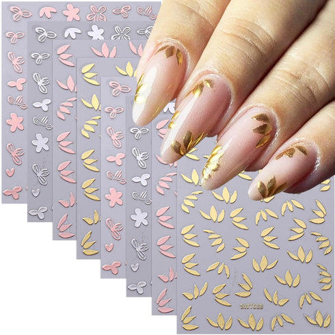 8 Sheets Bronzing Flower Leaf Nail Stickers 3D Self-Adhesive Flowers Nail Art Stickers Gold Silver Rose Gold Floral Leaves Nail Decals Summer Nail...