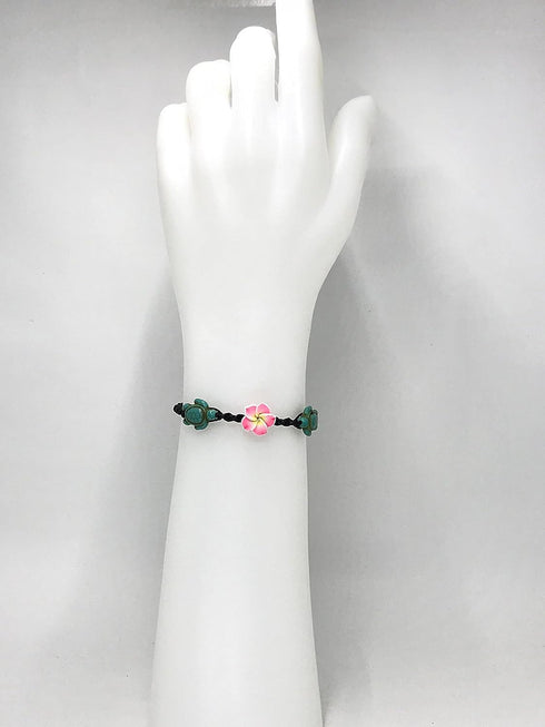 Turquoise Turtle Hemp Style Bracelet or Anklet - Pink Frangipani Flowers Hawaiian Bracelet - Adjustable...