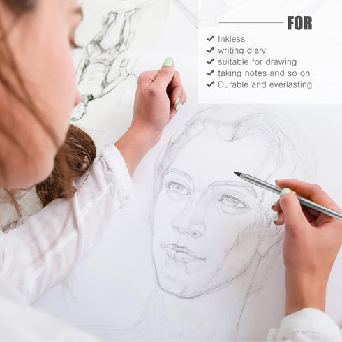 2 Pieces Metal Inkless Pen Inkless Erasable Pencil Metallic Pencil Aluminum Pencil for Writing, Drawing, Drafting, Home Office School Supplies (Bl...