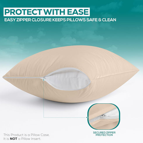 Utopia Bedding Waterproof Pillow Protectors Zippered Queen Size (2 Pack, Beige), Zippered Pillowcases, Bed Bug Proof Pillow Encasement Covers 20 x...