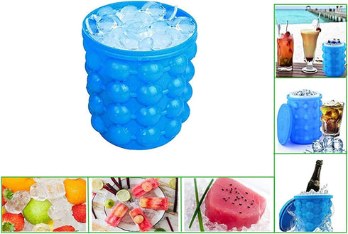 BULUSHI Large 2 in 1 Silicone Ice Bucket & Ice Mold with lid,Silicon Ice Cube Maker Genie, Portable Silicon Ice Cube Maker Blue 13.2X13.2X14CM...