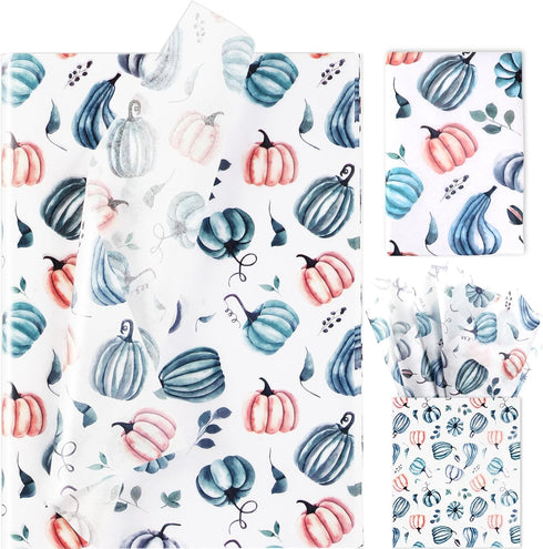 100 PCS Blue White Pumpkin Tissue Paper for Gift Wrapping, Pumpkin Pattern Tissue Paper for Blue White Thanksgiving Fall Harvest Party Decor Decou...