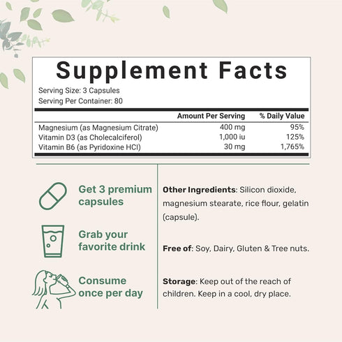 Magnesium Citrate 400mg with Vitamin D3 1000IU & B6, 240 Capsules | Elemental Mineral & Vitamins Complex | Combats Constipation, Supports Muscle, ...