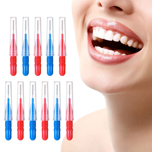 150 Pieces Interdental Brush Toothpick Tooth Flossing Head Oral Interdental Brush Flosser Toothpick Cleaners Tooth Cleaning Tool (Red, Blue,0.1 In...
