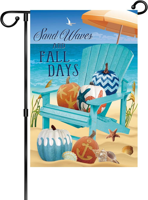 Sand Waves Fall Days White Pumpkin Beach Decorative Small Garden Flag Fall At The Beach Garden Flag Autumn Nautical Pumpkins,Blue Chair Beach Anch...