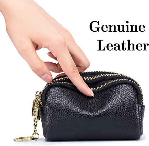 3 Zippered Genuine Leather Coin Purse Triple Capacity Change Pouch Little Travel Wallet With Key Ring for Women...