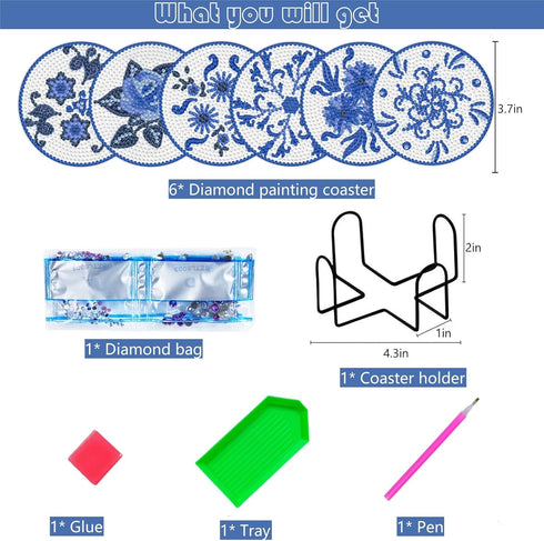 6Pcs 5D Diamond Painting Coasters with Holder, DIY Blue Coasters for Drinks Coffee Table, Diamond Arts Painting Kits for Beginners, Adults & Kids,...