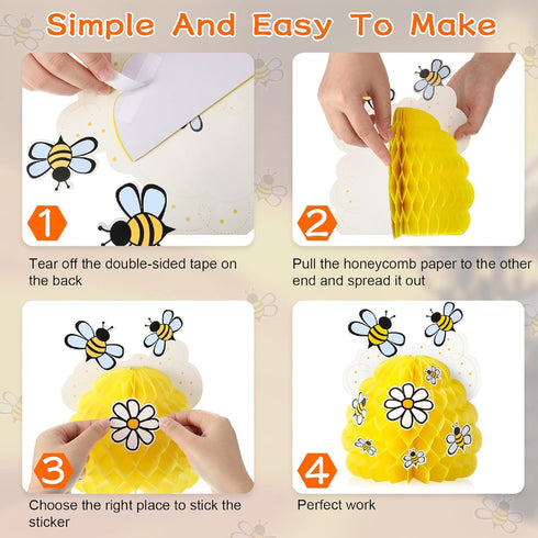 4 Pieces Honey Bee Centerpieces Honeycomb Decorations Yellow Bee Honeycomb Table Centerpieces with Sunflower Stickers for Bee Day Gender Reveal Bi...
