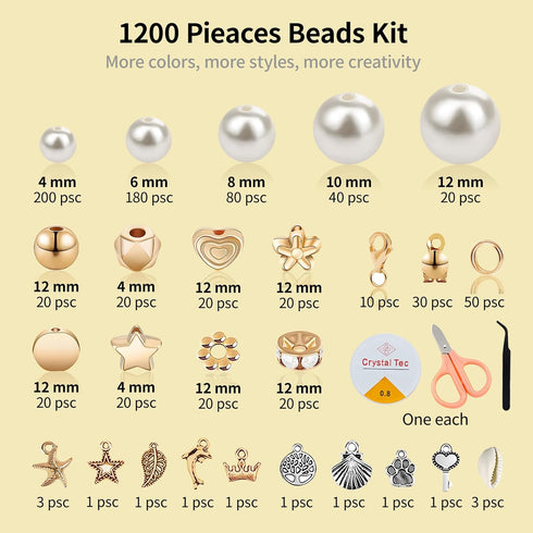 1200 Pcs Pearl Beads and Gold Spacer Beads Set for Jewelry Bracelet Making Kit with String and Charms for Adults DIY Art and Craft for Girls Frien...