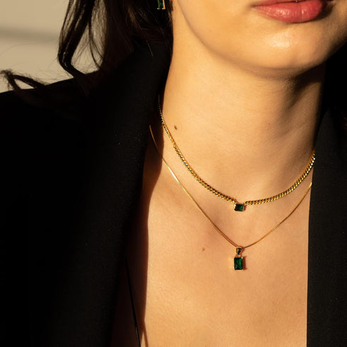 espere Baguette CZ Pendant Necklace | 14K Gold Plated Sterling Silver | Emerald Baguette Pendant Dainty Box Chain Necklace 18''...