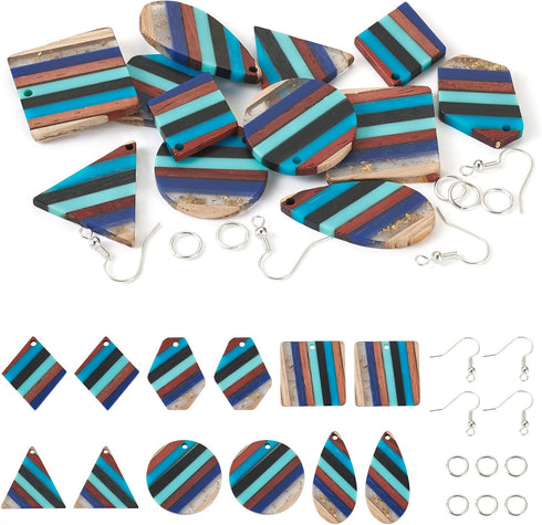 Beadthoven 52pcs Boho Wood Women Earring Making Kit, Striped Resin Wood Earrings Charms Pendants Natural Wood Cutouts Pieces Wooden Earring Blanks...
