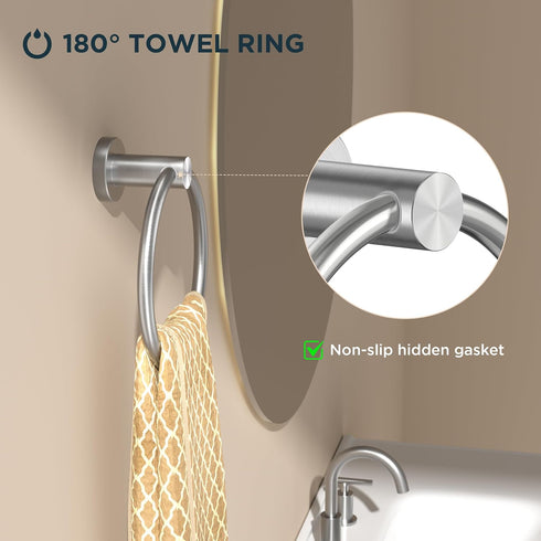 FORIOUS Brushed Nickel Towel Ring, SUS304 Stainless Steel Hand Towel Holder for Bathroom Wall Mounted, Modern Towel Hanger, Towel Rack Round, Ring...
