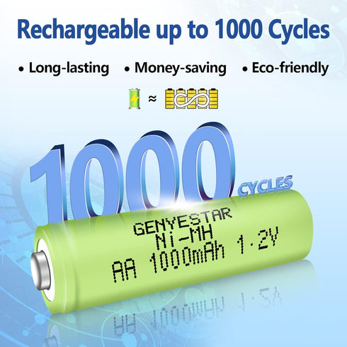 Rechargeable AA Battery NIMH 1.2V Double A 1000mAh 4 Pack Rechargeable AA Batteries Pre-Charged Solar Batteries Low Self Discharge for Solar Light...