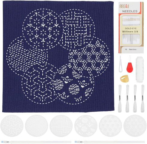 WEBEEDY DIY Sashiko Placemat Kit with Traditional Japanese Sashiko Template Embroidery Fabric Patterns Table Mats Needlework Art Craft Kit with In...