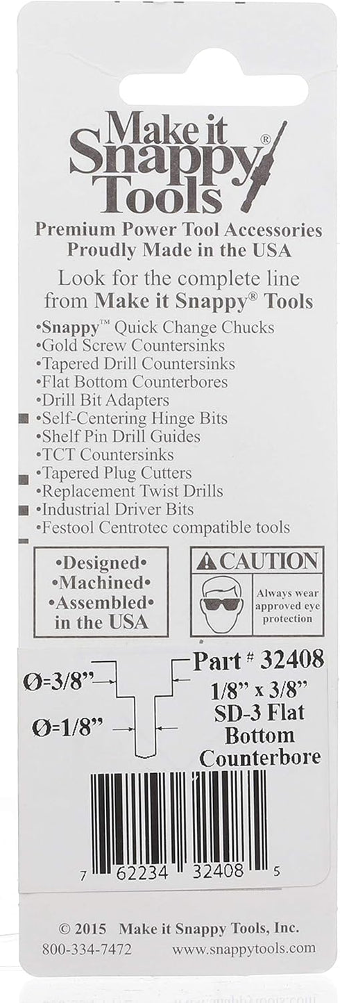 Make it Snappy Tools 1/8 Inch x 3/8 Inch 3-Flute Flat Bottom Counterbore with TiN coated twist drill #32408...