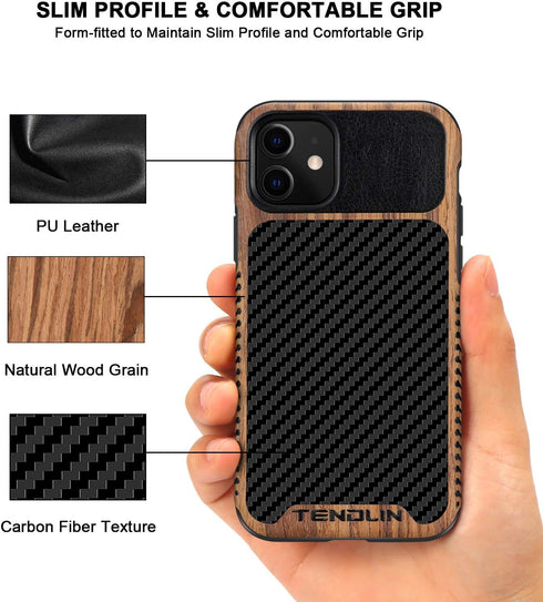 TENDLIN Compatible with iPhone 11 Case Wood Grain with Carbon Fiber Texture Design Leather Hybrid Case Black...