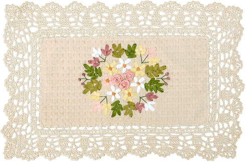 Grelucgo Handmade Crochet Cotton Lace Table Placemats, Ribbon Embroidery, Rectangular 12 by 18 Inches Doilies Set of 4...