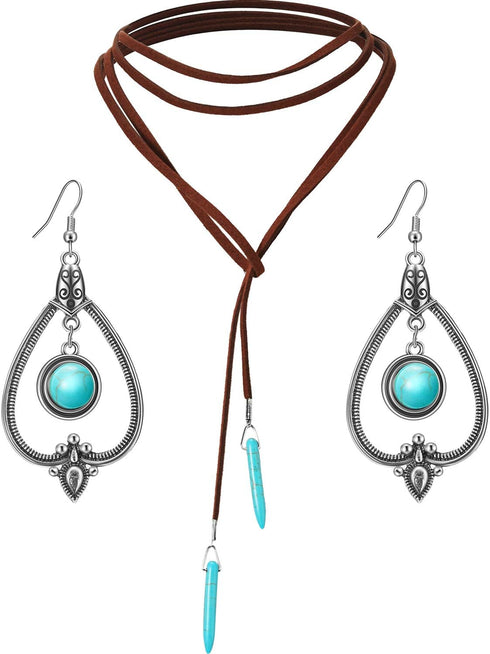 Hicarer Western Jewelry Women Bohemian Turquoise Pendant Long Choker Suede Choker Necklace with Turquoise Statement Dangle Earrings...