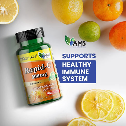 America Medic & Science Rapid-C 500mg Vitamin C Supplement (3 Pack of 100 Tablets) Energy Booster, Daily Immune System Support, Antioxidant | Vega...